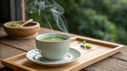 Steaming Cup of Green Tea Resting on a Warm Wooden Tabletop