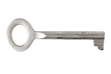Old metal key isolated on a white background, vintage style.