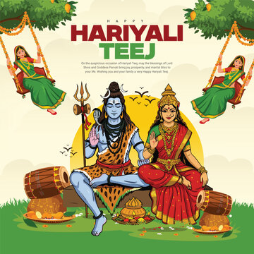 Happy Hariyali Teej Festival Celebration with Lord Shiva and Goddess Parvati Illustration for Monsoon Season and Traditional Hindu Festival Post