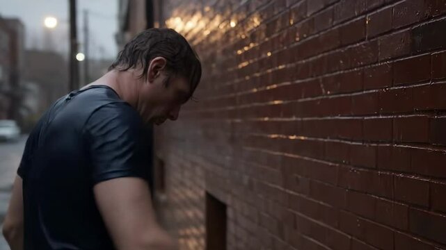 wall punching - A determined man in a wet t-shirt runs against a brick wall in a rainy urban setting, showcasing resilience amidst a gloomy backdrop