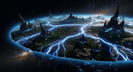 A fantastical, glowing, circular landscape with jagged peaks and energy lines.
