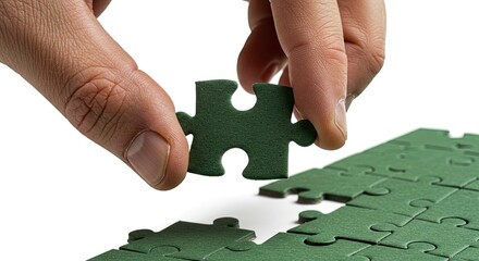 Hand placing final piece in green jigsaw puzzle
