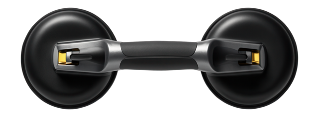 Double-cup glass suction lifter with a non-slip grip for transporting flat glass sheets on a construction site.