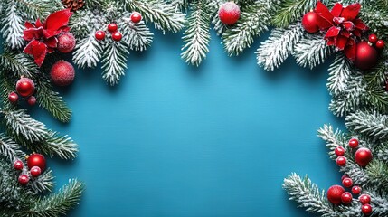 Christmas Holiday Promotional Poster Background with Snowy Pine Branches, Red Poinsettias, Ornaments and Copy Space on Blue Wooden Texture