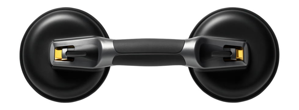 Double-cup glass suction lifter with a non-slip grip for transporting flat glass sheets on a construction site.