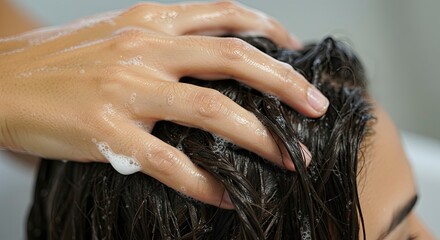 Naklejka premium Soapy hand washing dark hair