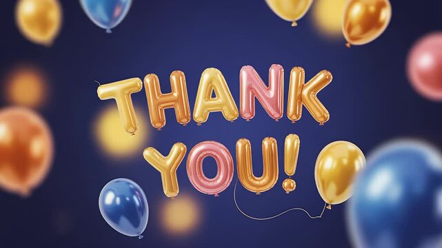 Gratitude in balloons: A vivid display of balloon letters spelling out "Thank You!" amidst a flurry of colorful balloons, set against a dark background to express appreciation.