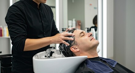Relaxed man enjoys a luxurious hair wash at a salon