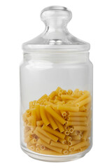 Clear jar filled with dry penne pasta on white background.