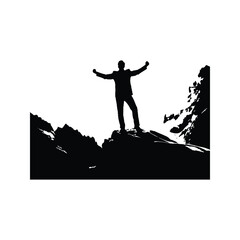 Successful businessman celebrating achievement on mountain top black and white silhouette
