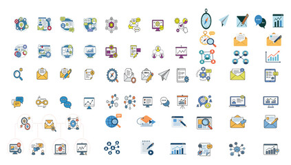 Digital Marketing Icons Flat Clean Set on White Background.