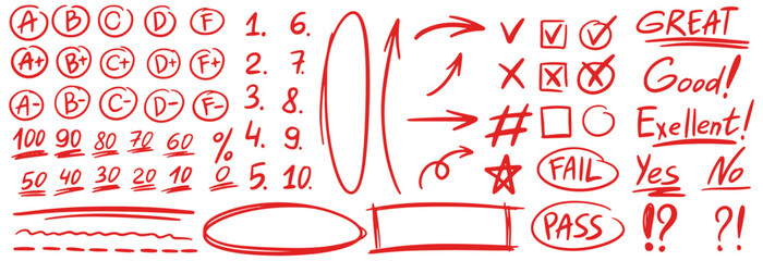 Exam grade test red pen mark set. Marker school test results different hand drawn signs. Teacher scores of student homework. Vector handwritten scribble marker academic symbols on white background