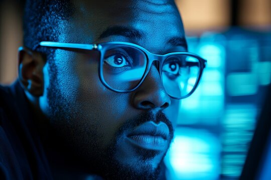 Black male cybersecurity analyst analysing AI cyberspace threats on a computer in a dark tech office data centre. Blue lighting enhances the ethical hacking process, Generative AI
