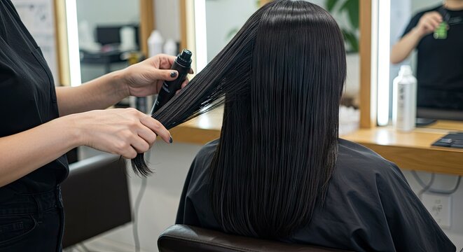 Sleek black hair styling at salon