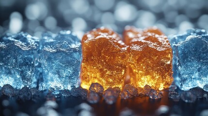 Fototapeta premium Burning Ice Cubes on Dark Surface with Bokeh Background