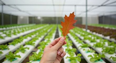 Leaf held in hydroponic greenhouse with leafy greens