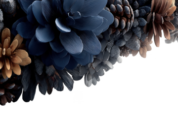 A corner arrangement of blue and brown pinecones isolated on transparent