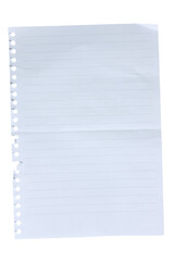 Torn lined paper sheet isolated on white background.