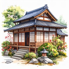 Fototapeta premium Japanese House Watercolor Painting with Garden