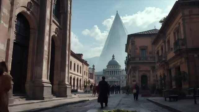 Cinematic tracking of local daily life flowing around timeless architecture and sacred geometry