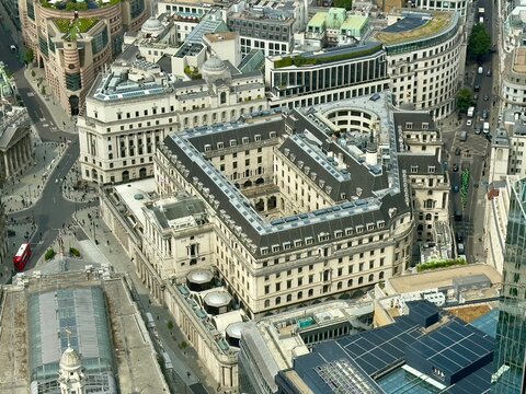 A high angle view of the Bank of England in London. 