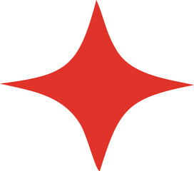 A striking four pointed red star shape with curved inward edges isolated on a clean white background symbolizing brilliance and energy