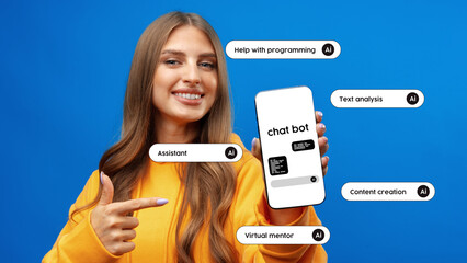 Young woman demonstrating chatbot app features while smiling against a blue backdrop