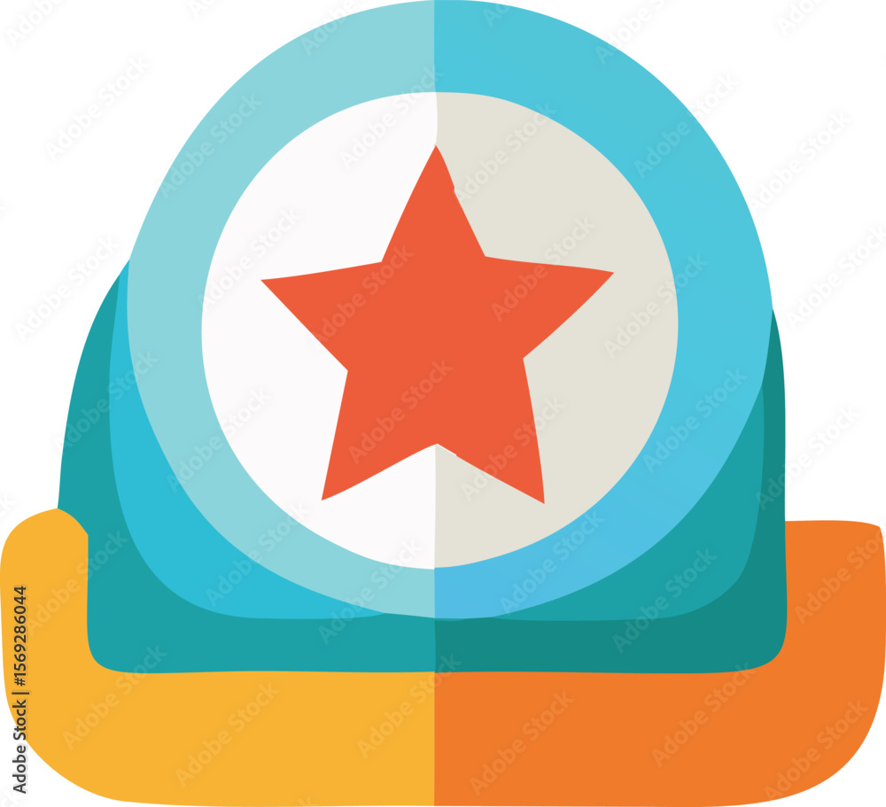 Poster stylized abstract representation of a star within a circular emblem featuring layered blue and teal 