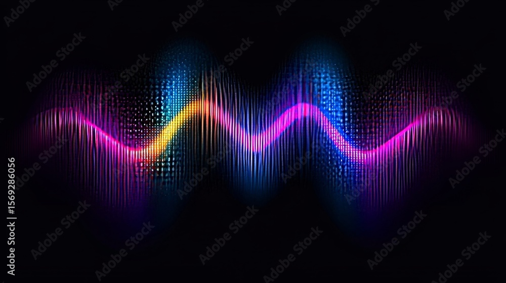 Poster vibrant audio spectrum visualization with dynamic waveform on black background for music projects