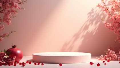 Luxurious empty podium with pomegranate and soft sunlight