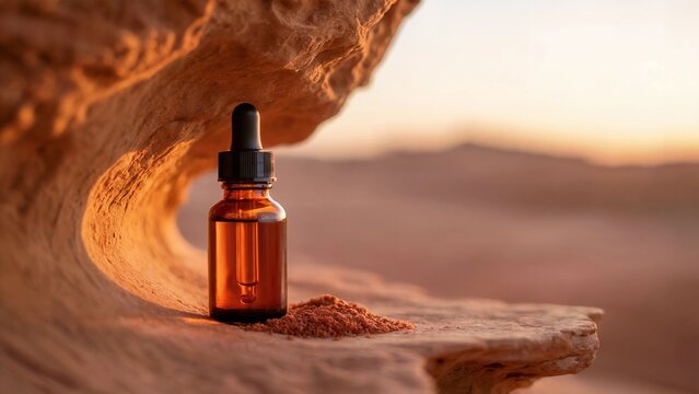 Golden elixir in desert oasis for renewed vitality with amber bottle and sand texture at sunset glow