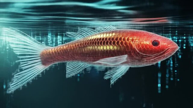Red fish swimming underwater with digital code