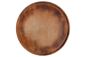 Round wooden board with textured brown surface.