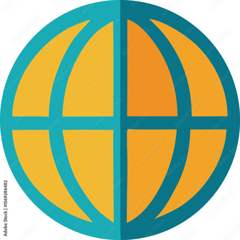 Poster abstract geometric globe icon with teal blue and golden yellow segmented sections representing globa