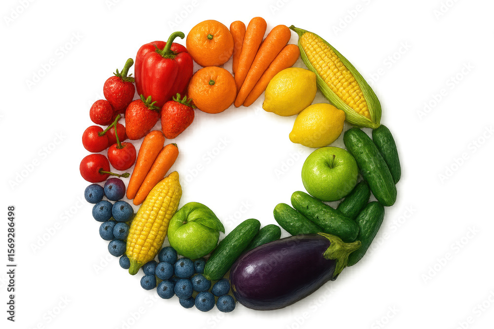 Poster assorted fruits and vegetables arranged in a circle on transparent background