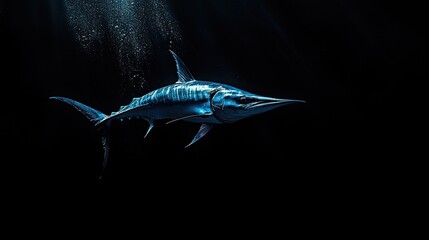Striking image of a marlin swimming in a dark underwater environment.