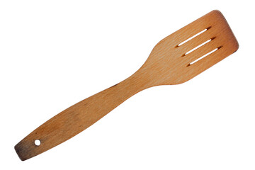 Wooden slotted spatula on a clean white background