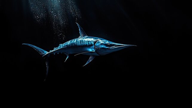 Striking image of a marlin swimming in a dark underwater environment.