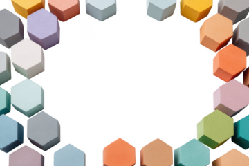 Pastel colored hexagon blocks are arranged as a border isolated on transparent background