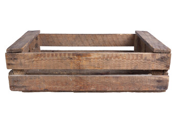 Empty rustic wooden crate on a white background.