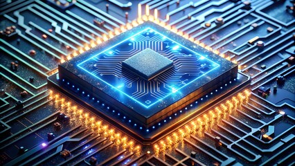 A glowing blue chip represents modern computer technology