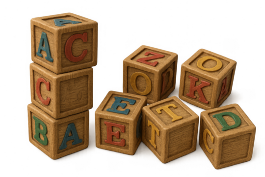 Wooden alphabet blocks spelling learning and development on transparent background