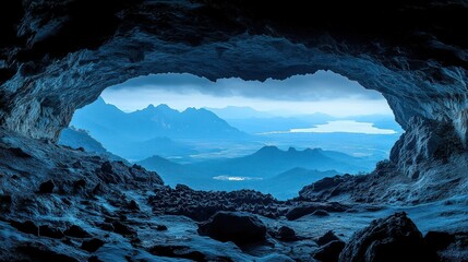Cave opening to a serene mountain vista.  Dark cave interior framed by a view of distant mountains, a misty horizon, and a tranquil landscape