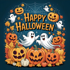 Spooky spirits and smiling pumpkins celebrate Halloween with joy and cheer in a whimsical autumn setting Generative AI