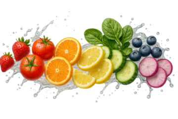 Assorted fresh fruit and vegetables isolated on transparent background, mixed fruits