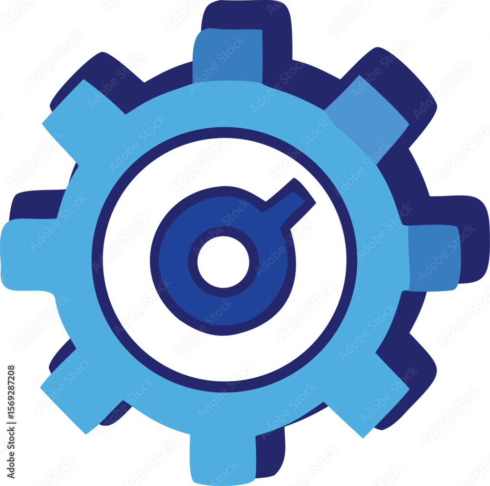 Poster stylized blue gear with a circular inner element and a distinct notch representing mechanics industr