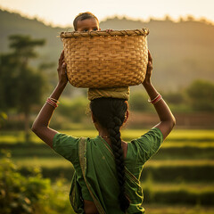 Woman Carrying Baby in Basket A Powerful Rural Scene