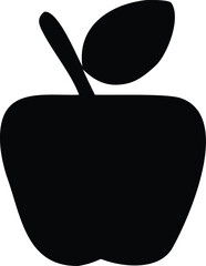 Simple black silhouette of an apple with a stem and leaf on a white background