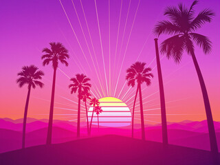 Vibrant sunset with palm trees against a colorful gradient sky  