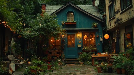 Charming, cozy, teal-colored cottage in a hidden courtyard, adorned with warm lights and greenery